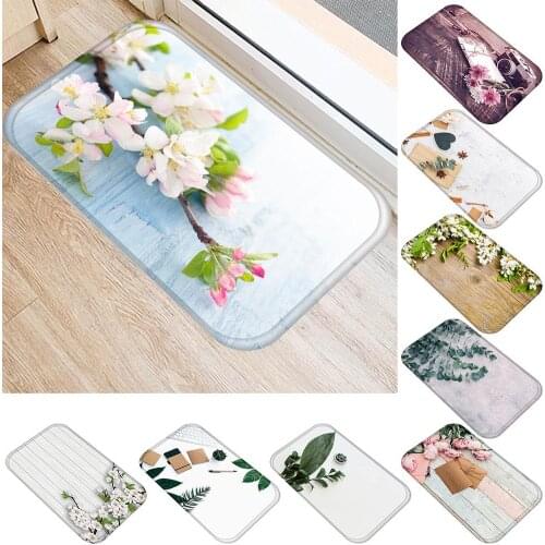 60cm x 40cm Flower Leaves Plant Pattern Non-Slip Water Absorption Rug Door Mat Kitchen Bathroom Flannel Floor Carpet
