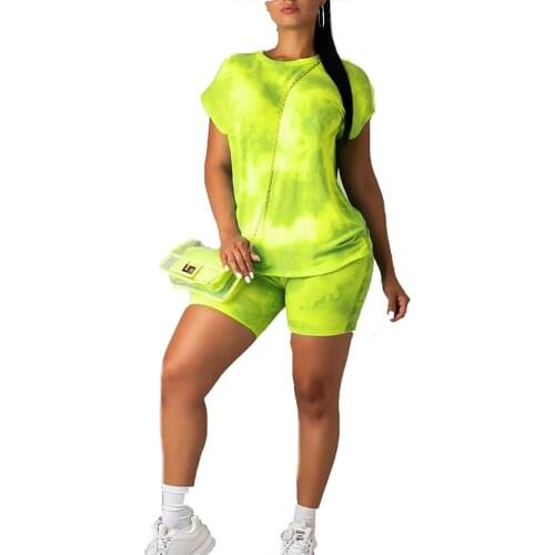 Fashion Tie Dye Tracksuit Women 2 Piece Outfits Short Sleeve Top and Biker Shorts Sweat Suits Set Bodycon Sport Outfits Clothes