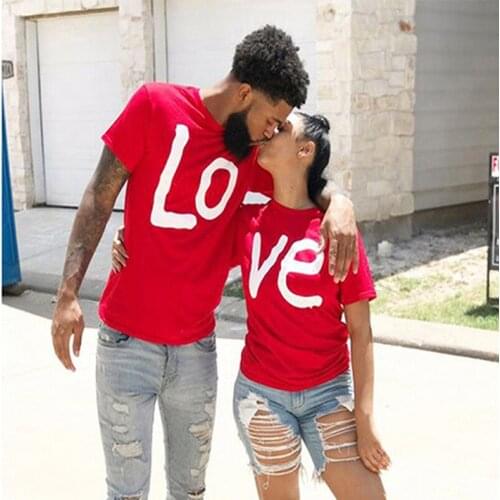 2021 Summer Couples Lovers Tops Casual LO VE Red Basic Shirts Men Female Tops Short Sleeve O Neck Shirts