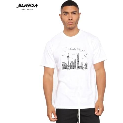 BLWHSA Shang Hai City Printed T Shirt Men Casual Short Sleeve Funny T-shirt Shang Hai Hand Painted Printing Plus Size Tees