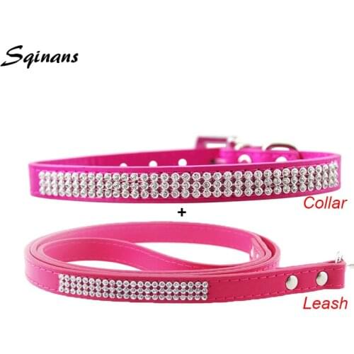 Sqinans Bling Rhinestone Dog Collar Leash Set PU Leather Pet Collar Puppy Walking Leash Adjustable Cat Neck Strap Pet Leash
