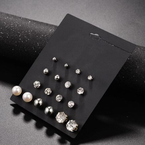 9Pairs/Set Classic Crystal Rhinestone Stud Earrings Set Mixed New Fashion Simulated-pearl Ear Nail Boubles D'oreille
