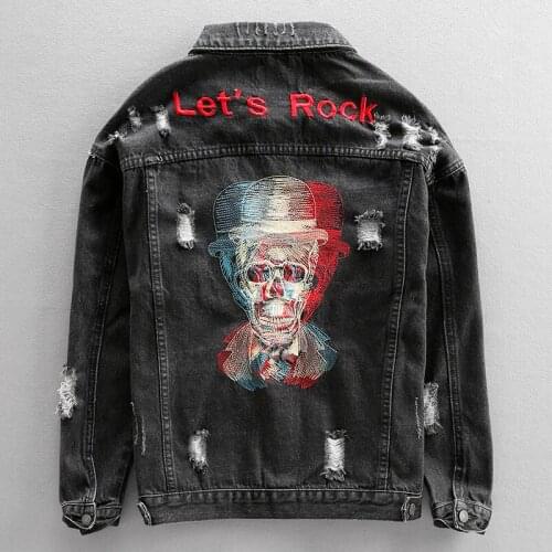 Autumn Denim Jacket Men Retro Black Skulls Embroidery Designer Outwear Cotton Hip Hop Streetwear Motorcycle Jaqueta Masculina