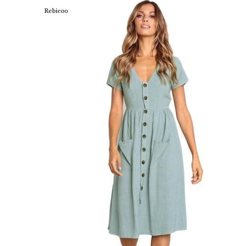 Cotton Linen Women Summer Dress Casual V-Neck Button Pocket Short Sleeve A-Line Midi Dresses for Women Vestidos