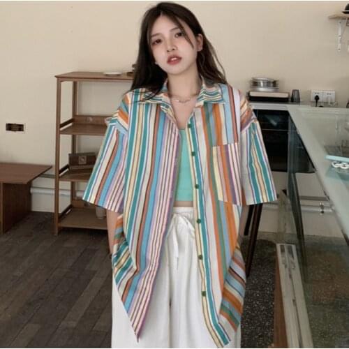 HOUZHOU Striped Shirt Summer 2021 Harajuku Oversized Short Sleeve Cardigan Vintage Korean Fashion Rainbow Chic Woman Blouse