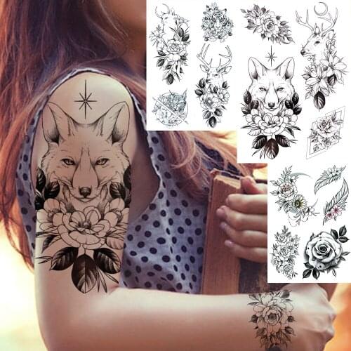 Tribal Wolf Deer Flower Temporary Tattoo For Women Men Adults Fake Cat Tiger Tattoo Sticker Black Animal Tatto Totem Armband