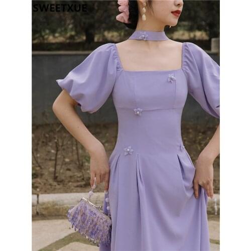 SWEETXUE 2021 Women Summer Vintage Elegant Purple Square Collar 3D Flowers Puff Sleeves Sweet Princess Party Chic Fairy Dress