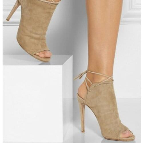 Sexy Lace Up Nude Slingbacks Ladies Pumps Suede Cut-Outs Peep Toe Ankle Strap High Heels Summer shoes woman Woman Party San