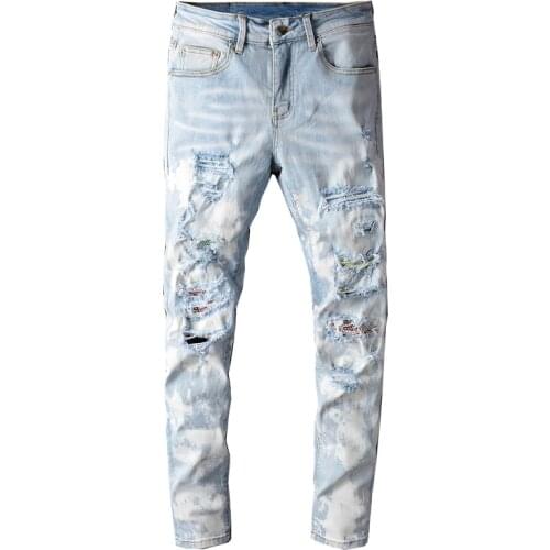 Streetwear Men Jeans Retro Light Blue Slim Fashion Fit Ripped Jeans Men Denim Punk Pants Patchwork Designer Hip Hop Jeans Homme