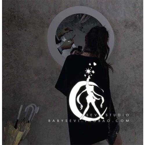 Spring Women Casual Tshirt Printed Black Streetwear Female Tops Tee Long Sleeve Fashion T Shirt Punk Girls Reflective Clothes