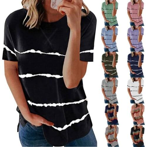 2021 New Spring Tops Women Tie Dye Stripe T Shirt Casual Short Sleeve Oversized Loose Tee Shirt Fashion Ladies Summer T-shirt