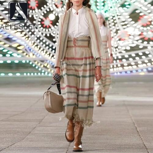 Striped Autumn Skirt Winter High Quality Runway Fashion Bow Tassel Printed Elegant Long Warm New Year Skirts