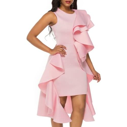Women Party Irregular Length Dress Pink O Neck Ruffle Sexy Celebrate Ladies Evenig Date Night Dinner Stretches Slim Robes Tunics