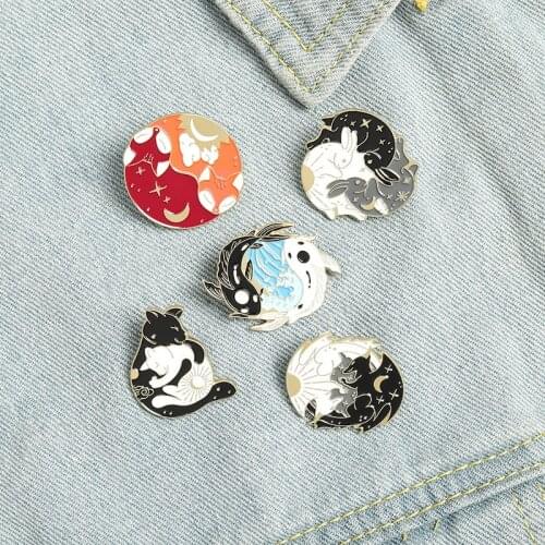Day and Night Enamel Pins Custom Sun Moon Fox Koi Rabbit Bat Wolf Brooch Bag Clothes Lapel Pin Badge Starry Animal Jewelry Gifts