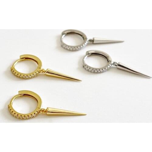 1Pair 18K Gold Authentic 925 Sterling silver Micro Pave CZ AAA+ Cone Rivet /Bullet Hoop Huggie Earrings FINE jEWELRY TLE2253