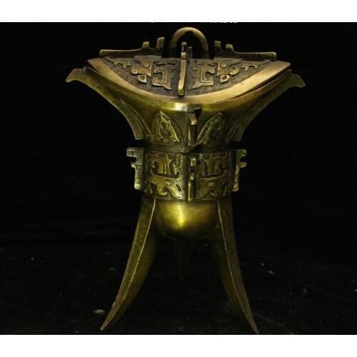 10" China Old yellow Bronze Handmade ancient Wine glasses pot Sculpture HQQY
