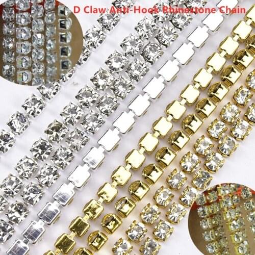 10 Meters 2-6Mm Rhinestone Chain D Claw Anti-Hook Silver/Gold Base Glass Crystal Diamond Strass Trim Diy Cloth Sew Accessories
