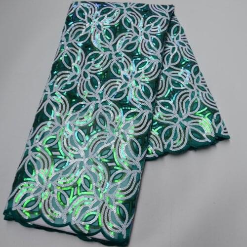 5yards/pc) Newest green white sequins embroidered African hand cut organza lace fabric high quality for party dress OP165