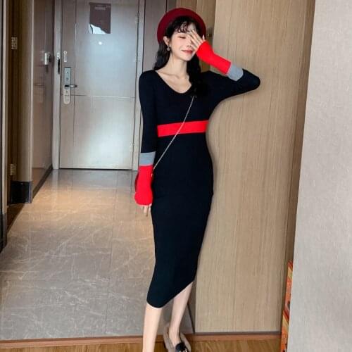 Winter autumn comfortable knit bouncy v-neck formal dress temperamental work style elastic patchwork cute slim long pencil dress