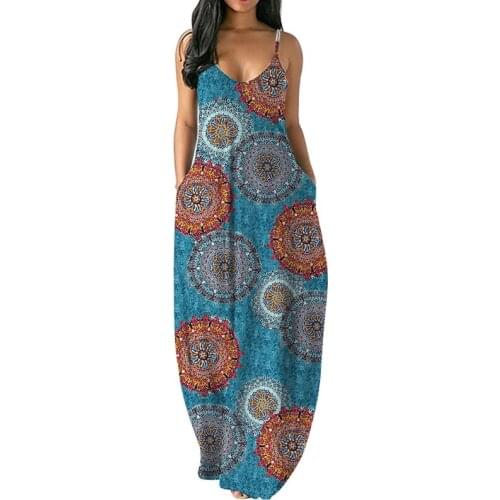 Women Spaghetti Strap Sexy V-Neck Maxi Long Dress Floral Print Pockets Sundress