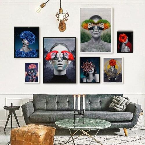 Home Decor Hd Prints Abstract Woman Parrot Painting Picture Wall Art Plant Modular Canvas Modern Poster For Living Room No Frame