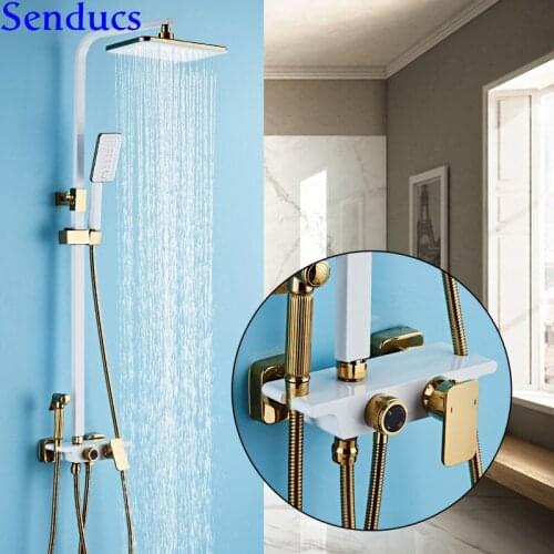 Senducs White Gold Bathroom Shower System Quality Brass Bathroom Faucet and Bathroom Hand Spray Rainfall Bathroom Shower Set
