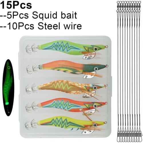 15Pcs Fluorescent Fishing Squid lure Set with Wire Leader Wood Shrimp Jig Hook Octopus Cuttlefish Artificial jigs bait 12g 14g