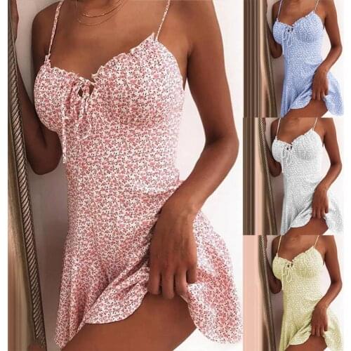 70% Hot Sell Women Sexy Spaghetti Straps Chest Bandage Floral Print Large Hem Slim Mini Dress