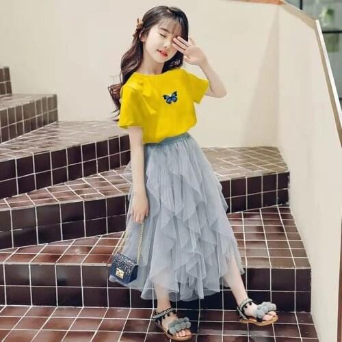 Clothes Set For Girls T-shirt + Long Skirt Teenage Girls Clothing Mesh Dress 10 12 14 years Old Girl Summer Children Clothes Set