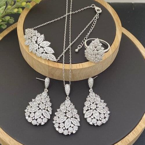 Lanyika Fashion Jewelry Set Luxury Flower Zirconia Necklace with Earrings, Bracelet and Ring for Woman Wedding Party Best Gifts