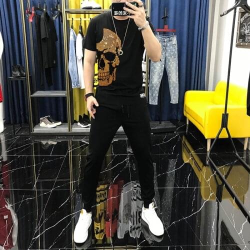 2021 Summer Mens Short Sleeve Diamond Sets Breathable Golden Cotton Skull Luxury T-Shirt + Pants 2 Brand European Tracksuit Top