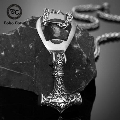 Stainless Steel Odins Hammer Beer Opener Pendant Mens Viking Amulet Necklaces Norse Mjolnir Corkscrew Male Jewelry Dropshipping