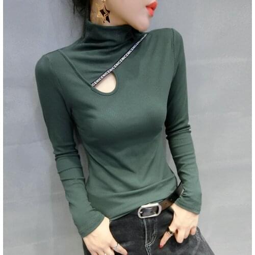 New winter half a turtleneck hollow out long sleeve T-shirt female letters western style restoring ancient ways is sexy render u