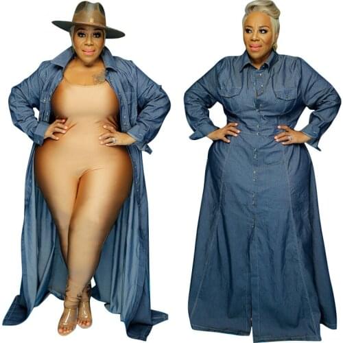 Plus Size Women Solid Floor-length Denim Dresses 2020 Autumn Newest Lady Big Size Turn-down Collar Single-breasted Casual Dress