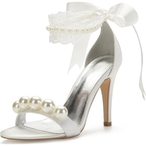 High Heels Lace Pearls Wedding Sandals Shoes Women Open Toe Satin Ribbon Tie Bridal Party Summer Women Sandals for Bride