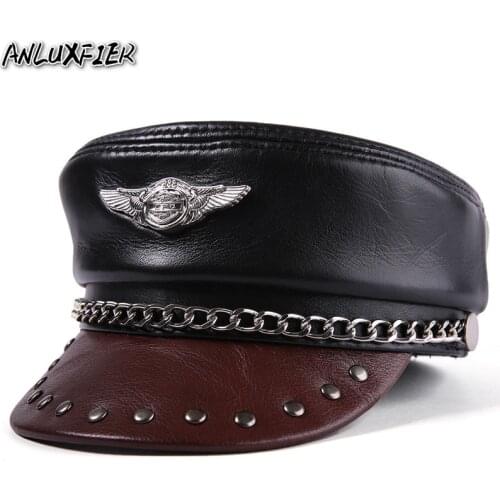 R015 Leather Hat men and women winter cow skin flat top hat tongue cap autumn winter black German military cap men and women