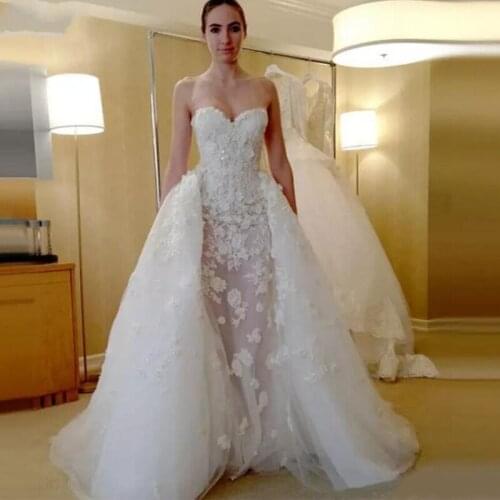 Modest Beaded Appliques Overskirt Wedding Dresses Zipper Up Back Sleeveless Bridal Dresses Custom Made Wedding Gowns With Detach