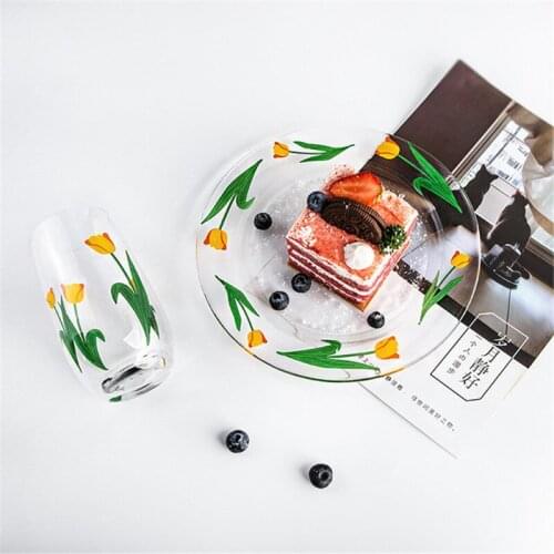 Nordic Tulip Painting Heat Resistant Glass Milk Cup Dessert Salad Plate Cake Tray Pasta Dish Western Food Container Tableware