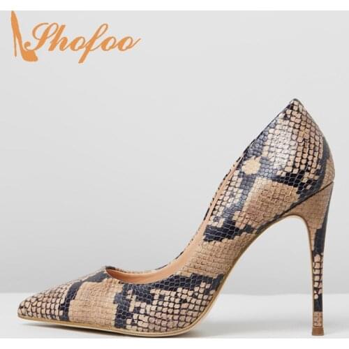 Snake Print Stilettos Pointed Toe Pumps Woman High Thin Heels Slip-on design Ladies Shoes Summer Large Size 11 16 Mature Fashion