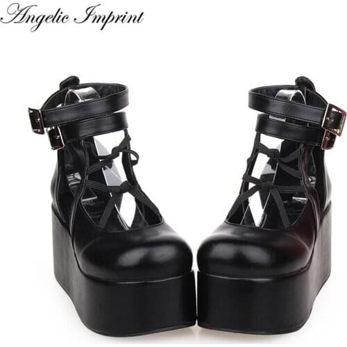 College Style Round Toe Thick Platform Ankle Straps Lolita Cosplay Wedge Shoes