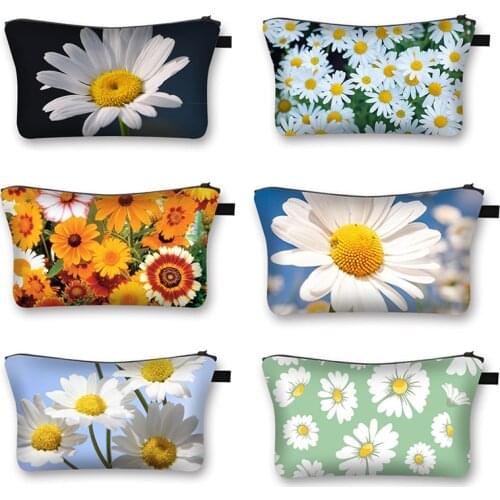 Daisy/sunflower Print Ladies Cosmetic Bag Floral Casual Girl Storage Bags for Travel Women Light Makeup Bag