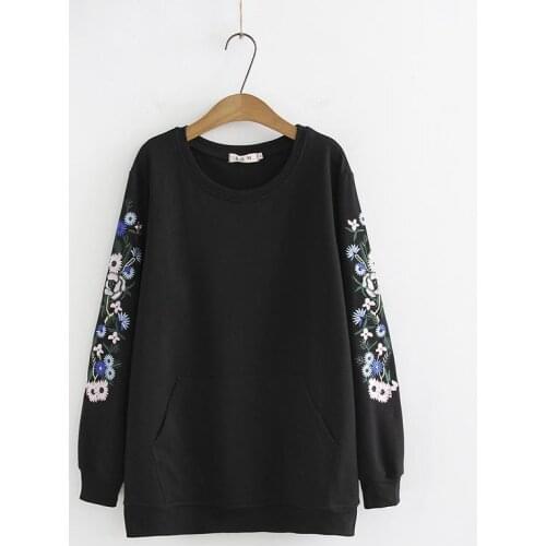 Plus Size XL-4XL Womens Hoodies Autumn Floral Embroidery Long Sleeves Pullover Casual Tops