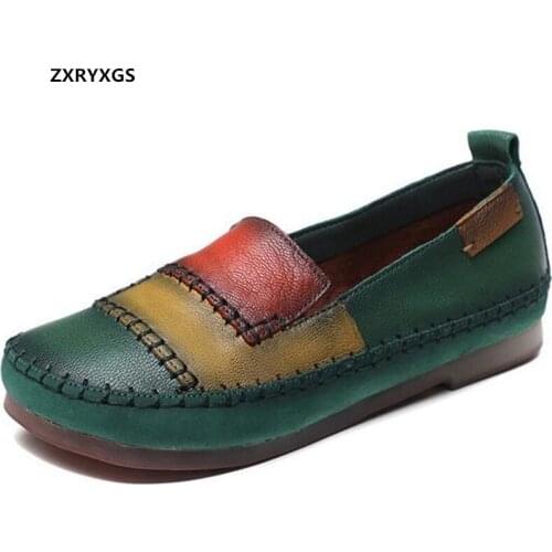 2021 New Premium Sheepskin Splicing Spell Color Full Genuine Leather Shoes Flat Soft Sole Comfortable Trendy Shoes Women Flats