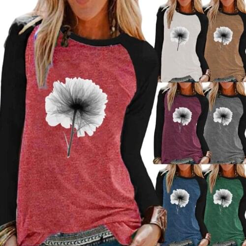 New Spring Autumn Fashion Clothing for Women Flowers Printing Round Neck Pullover Top Loose Shirt Plus Size Graphic Tee