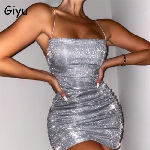 Giyu Sexy Bodycon Glitter Summer Dress Nigh Club Party Slash Neck Backless Mini Dresses For Women 2021 Casual Ruched Vestidos