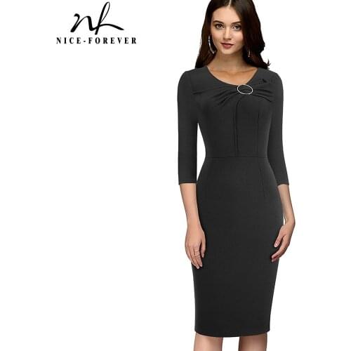 Nice-forever Autumn WVomen Elegant Solid Color Work Dresses with Ring Formal Business Bodycon Fitted Slim Dress btyB481