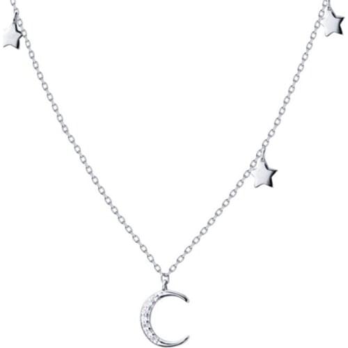 925 Sterling Silver Moon Stars Charm Pendant Necklaces for Women Fashion Silver Necklace Choker for Lady