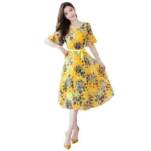 Womens Floral Dress Summer New Korean Fashion Sexy Thin Short Sleeve Crew neck Plus Size Medium Long Pullover Dresses Female