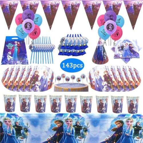 143pcs Disney Frozen2 Elsa & Anna Theme Birthday Party Decoration Disposable Tableware Peper Cup Plate Baby Shower Gift Supplies