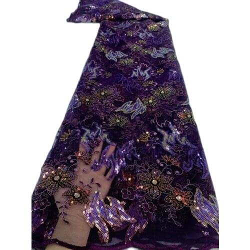 2021 Top Quality Luxury Sequins Embroidery African Lace Fabric 5 Yards French Tulle Net Lace Nigerian Purple Lace Mesh Fabric